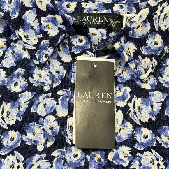 Lauren Ralph Lauren Shirt Womens Medium Blue Floral Linen Button Front Top - Picture 10 of 13